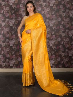 Odette - Women Yellow Silk Blend Woven Saree with Unstitched Blouse