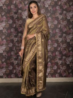 Odette - Women Olive Silk Blend Woven Saree with Unstitched Blouse