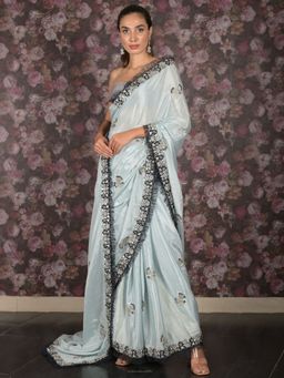 Odette - Women Blue Crepe Embroidered Saree with Unstitched Blouse