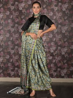 Odette - Women Green Satin Floral Saree with Unstitched Blouse