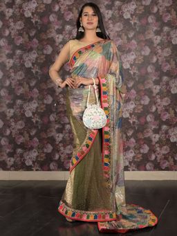Odette - Women Multi-Color Net Embellished Saree with Unstitched Blouse