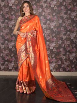 Odette - Women Orange Silk Blend Floral Saree with Unstitched Blouse