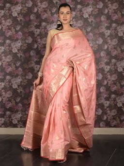 Odette - Women Pink Silk Blend Woven Saree with Unstitched Blouse