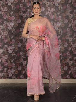 Odette - Women Pink Organza Floral Saree with Unstitched Blouse