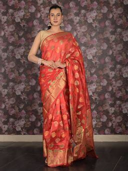 Odette - Women Red Silk Blend Woven Saree with Unstitched Blouse
