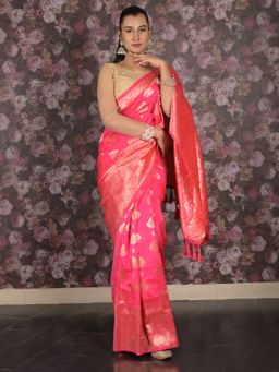 Odette - Women Pink Silk Blend Woven Saree with Unstitched Blouse