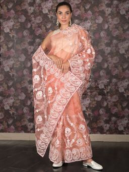 Odette - Women Peach Organza Embroidered Saree