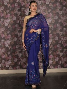 Odette - Women Navy Blue Georgette Embroidered Saree with Unstitched Blouse