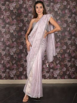 Odette - Women Lavender Net Embellished Saree with Unstitched Blouse
