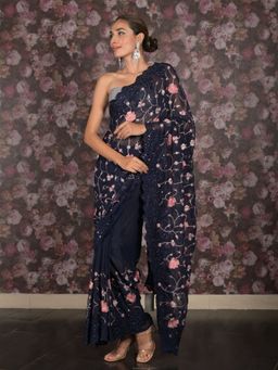 Odette - Women Navy Blue Georgette Embroidered Saree with Unstitched Blouse