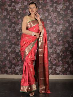 Odette - Women Pink Tissue Woven Saree with Unstitched Blouse