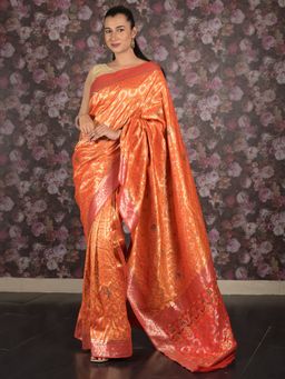 Odette - Women Orange Silk Blend Woven Saree with Unstitched Blouse