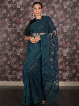 Odette - Women Teal Net Embroidered Saree with Unstitched Blouse