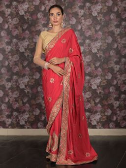 Odette - Women Red Crepe Embroidered Saree with Unstitched Blouse