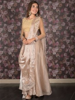 Odette - Women Beige Net Embroidered Saree with Unstitched Blouse