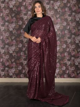 Odette - Women Purple Net Embellished Saree with Unstitched Blouse
