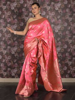 Odette - Women Pink Silk Blend Woven Saree with Unstitched Blouse