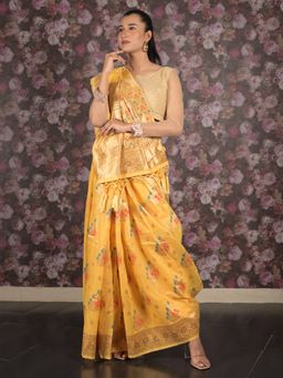 Odette - Women Yellow Silk Blend Woven Saree with Unstitched Blouse