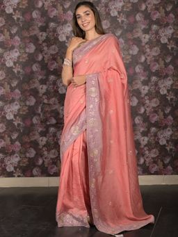 Odette - Women Peach Cotton Embroidered Saree with Unstitched Blouse