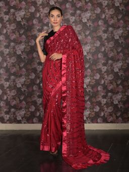 Odette - Women Maroon Georgette Embellished Saree with Unstitched Blouse