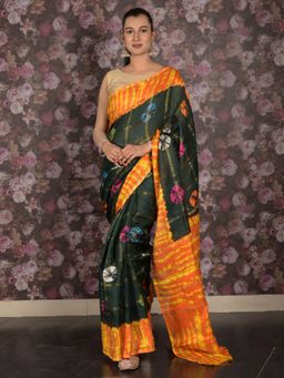 Odette - Women Green Cotton Blend Woven Saree with Unstitched Blouse