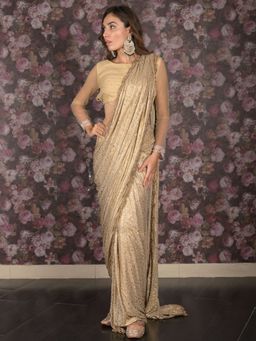 Odette - Women Gold Lycra Embellished Saree with Unstitched Blouse