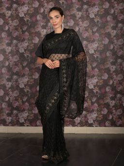Odette - Women Black Net Embroidered Saree with Unstitched Blouse