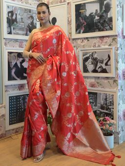 Odette - Women Red Silk Blend Woven Saree with Unstitched Blouse