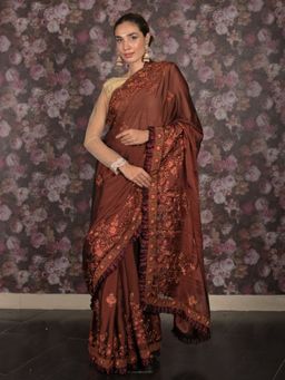 Odette - Women Brown Crepe Embroidered Saree with Unstitched Blouse