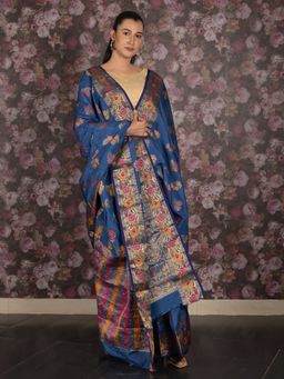 Odette - Women Blue Silk Blend Woven Saree with Unstitched Blouse