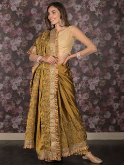 Odette - Women Olive Crepe Embroidered Saree with Unstitched Blouse