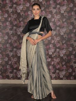 Odette - Women Grey Crepe Textured Saree with Unstitched Blouse and Belt with Unstitched