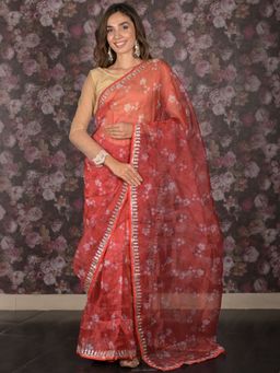 Odette - Women Red Organza Floral Saree with Unstitched Blouse