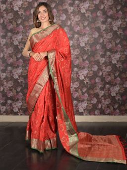Odette - Women Red Silk Blend Woven Saree with Unstitched Blouse