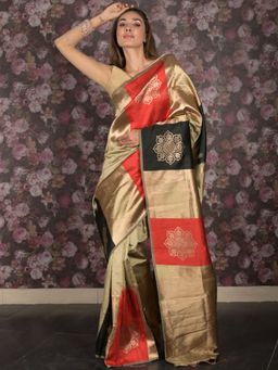 Odette - Women Grey Silk Blend Woven Saree with Unstitched Blouse