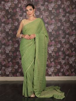 Odette - Women Green Cotton Solid Saree with Unstitched Blouse