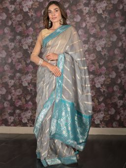 Odette - Women Grey Net Woven Saree with Unstitched Blouse