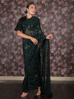 Odette - Women Green Georgette Embellished Saree with Unstitched Blouse