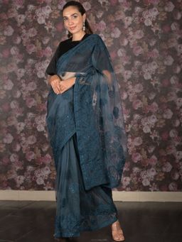 Odette - Women Teal Net Embroidered Saree with Unstitched Blouse