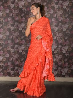 Odette - Women Orange Crepe Embroidered Saree with Unstitched Blouse