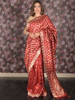 Odette - Women Red Cotton Blend Woven Saree with Unstitched Blouse