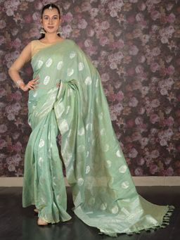 Odette - Women Green Cotton Blend Woven Saree with Unstitched Blouse