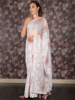 Odette - Women White Polyester Floral Saree