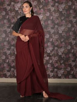 Odette - Women Maroon Georgette Solid Saree with Unstitched Blouse