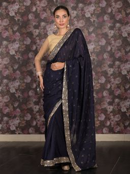 Odette - Women Navy Blue Silk Blend Embroidered Saree with Unstitched Blouse