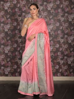 Odette - Women Pink Cotton Embroidered Saree with Unstitched Blouse
