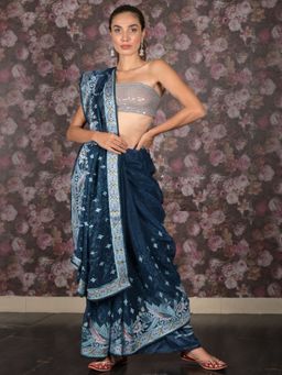 Odette - Women Teal Tissue Embroidered Saree with Unstitched Blouse
