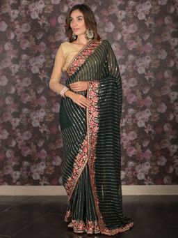 Odette - Women Green Georgette Embroidered Saree with Unstitched Blouse