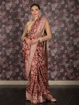 Odette - Women Brown Cotton Blend Floral Saree with Unstitched Blouse