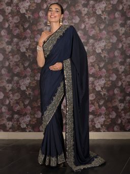 Odette - Women Navy Blue Satin Embroidered Saree with Unstitched Blouse